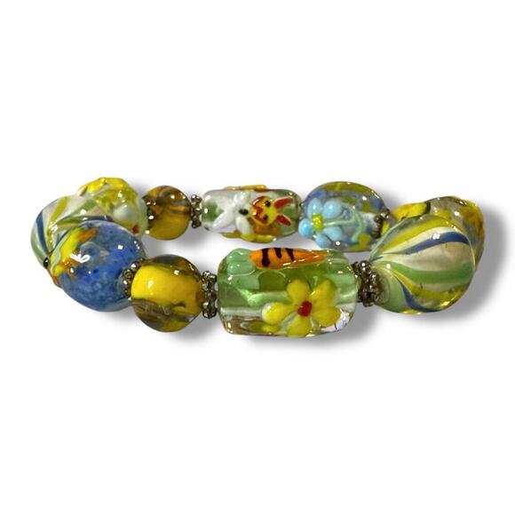 Glass Lampworks Beads Stretch Bracelet Colorful Spring Easter Silver Tone - Picture 5 of 6